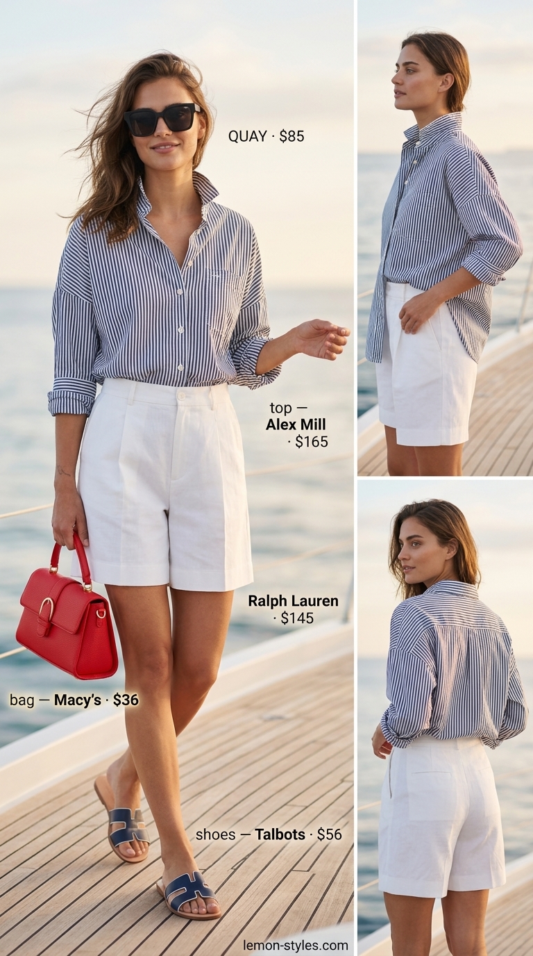 Lightweight summer clothes for women 2026: White linen shorts, navy striped shirt, and red bag for resort lunch.