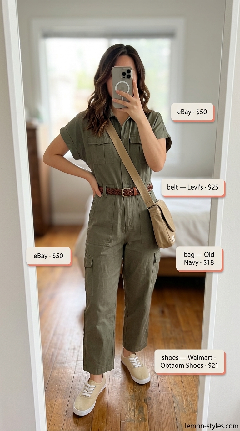 Lightweight summer clothes for women 2026: Olive green utility jumpsuit, canvas sneakers, canvas crossbody bag, and leather belt for adventure.