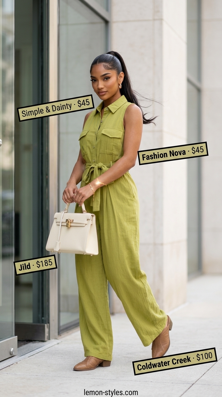 Lightweight summer clothes for women 2026: Khaki wide-leg trousers, ivory bodysuit, gold chain, and tan mules for a safari chic look.