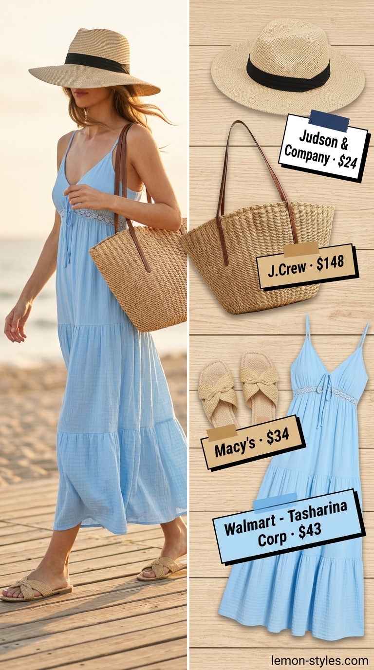 Lightweight summer clothes for women 2026: Sky blue maxi dress, straw hat, tote bag, and slide sandals for beach day.