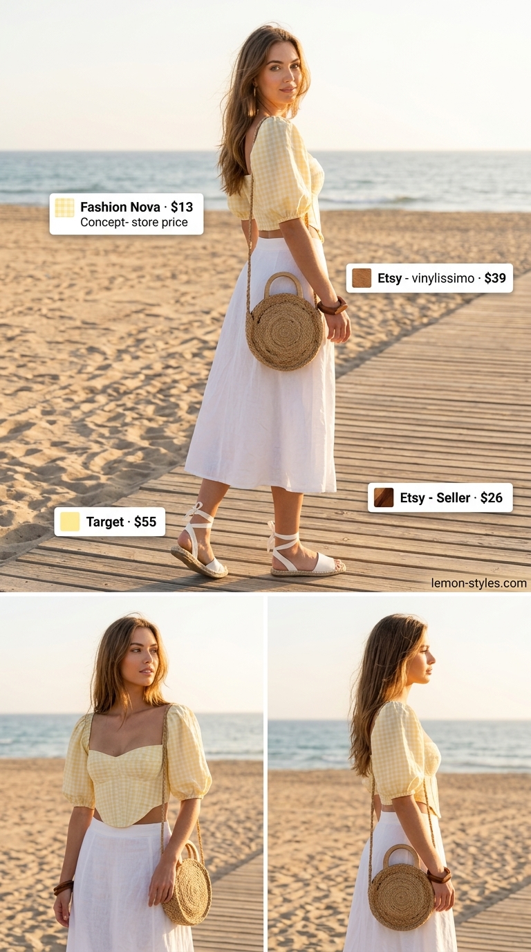 Lightweight summer clothes for women 2026: Yellow linen co-ord set, espadrilles, and straw tote for beach day.