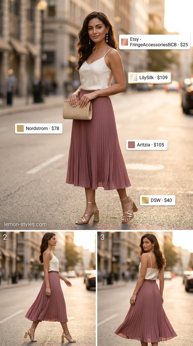 Lightweight summer clothes for women 2026: Dusty rose satin skirt, ivory silk camisole, gold sandals, and pearl earrings for a sunset soiree.