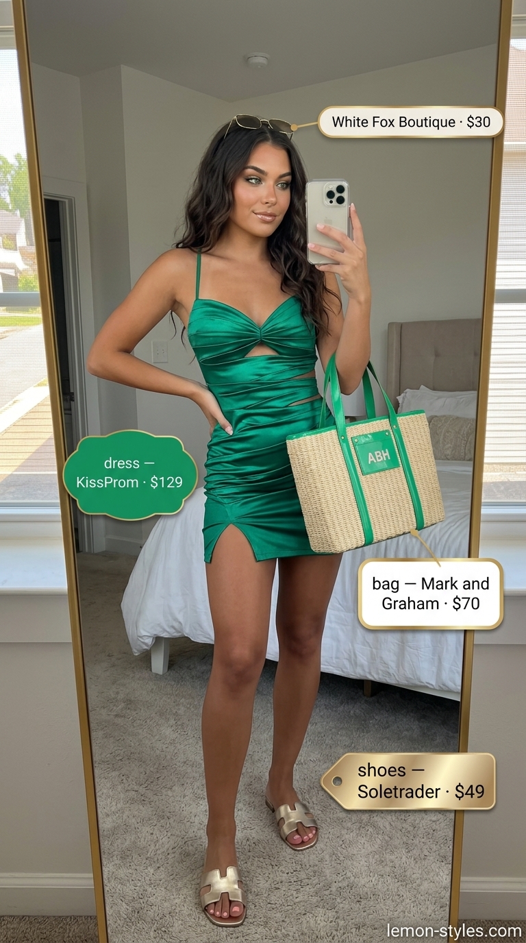 Lightweight summer clothes for women 2026: Emerald green cutout dress, gold sandals, straw tote, and sunglasses for a tropical vacation.