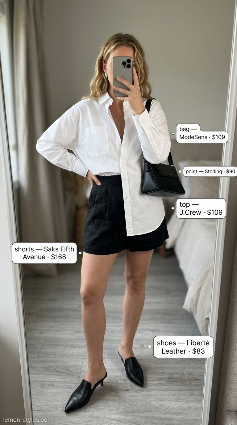 Lightweight summer clothes for women 2026: White oversized shirt, black linen shorts, and crossbody bag for city sightseeing.