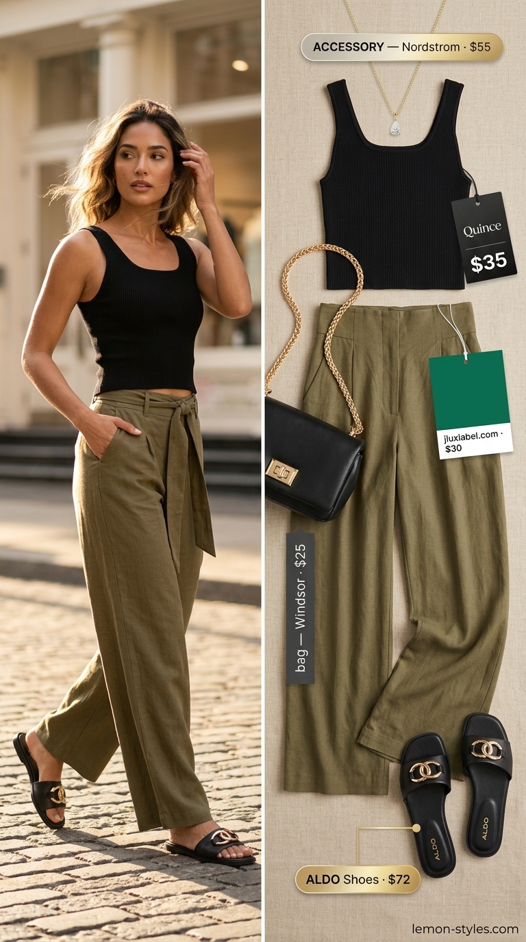 Lightweight summer clothes for women 2026: Olive green linen pants, black knit top, gold necklace, and black slides for urban exploration.