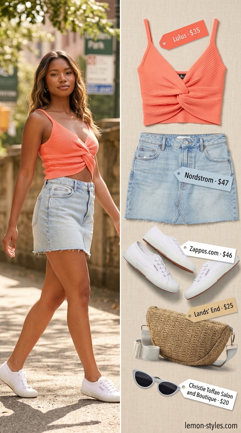 Lightweight summer clothes for women 2026: Denim mini skirt, coral crop top, and white sneakers for weekend brunch.