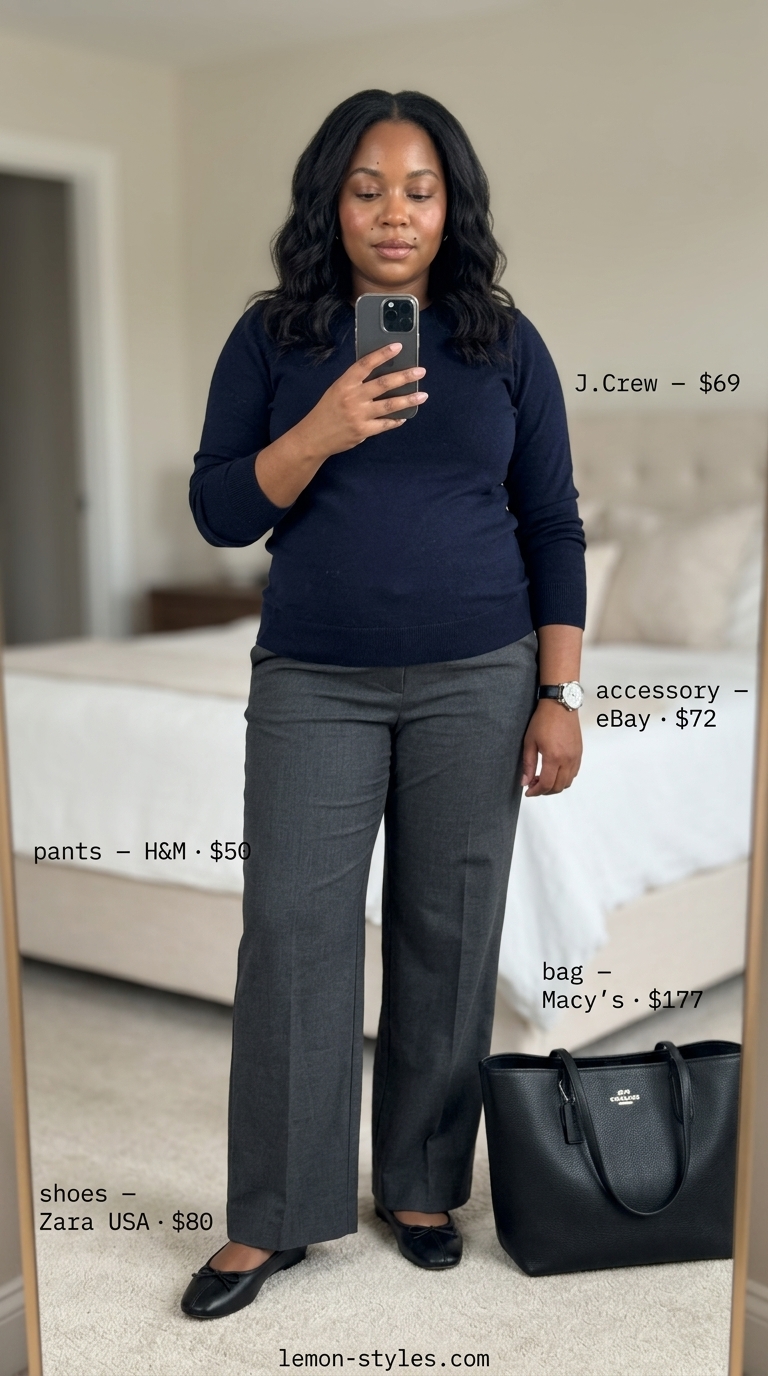 Maternity workwear outfits: Charcoal wide-leg trousers with navy sweater, black ballet flats, and structured tote.