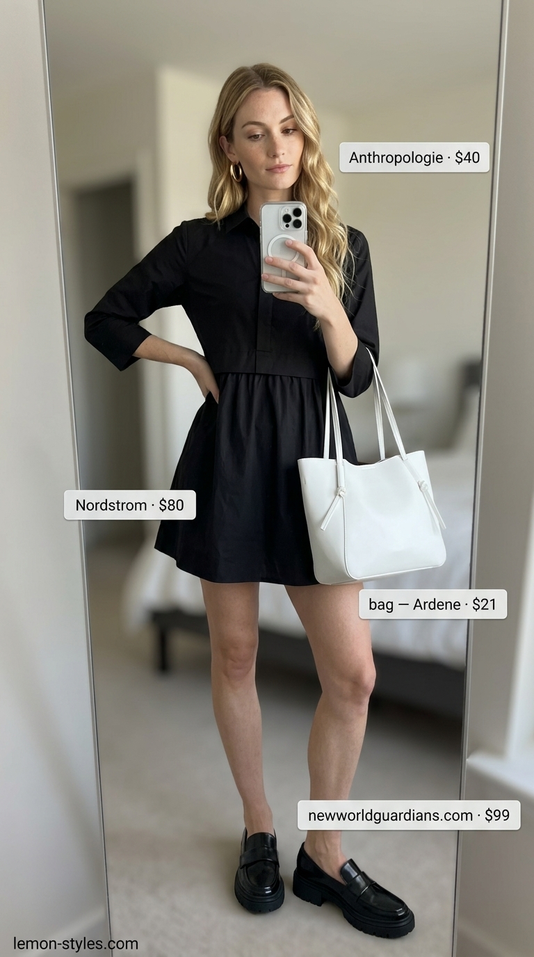 Minimal layer hot summer outfits for women 2026: Black mini shirt dress, chunky loafers, and structured tote for a bold brunch look.
