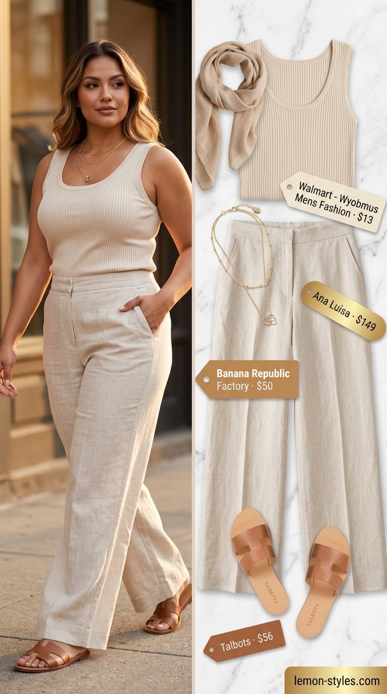 Minimal layer hot summer outfits for women 2026: Cream wide-leg linen pants, tan knit tank, and leather slides for a relaxed vibe.