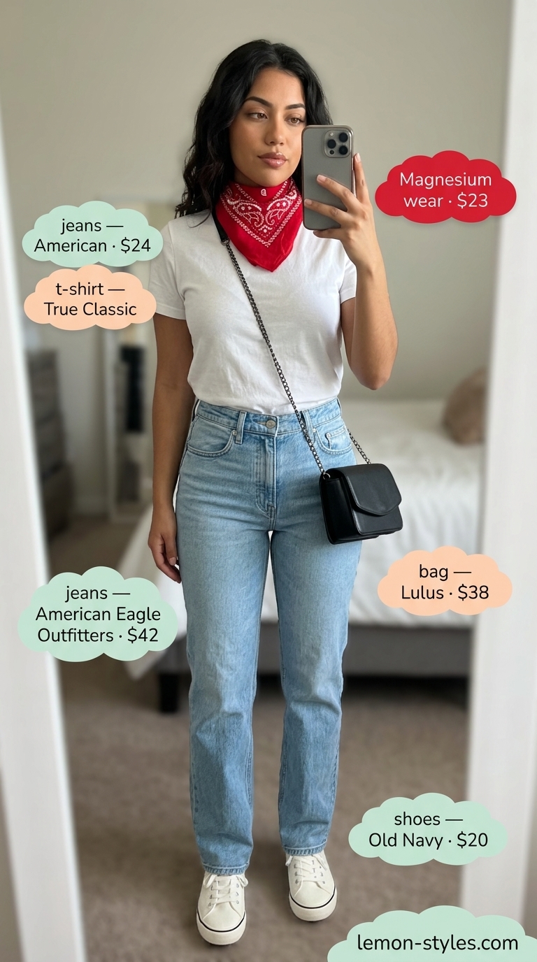 Minimal layer hot summer outfits for women 2026: Light wash denim jeans, white tee, red bandana, and sneakers for weekend casual.