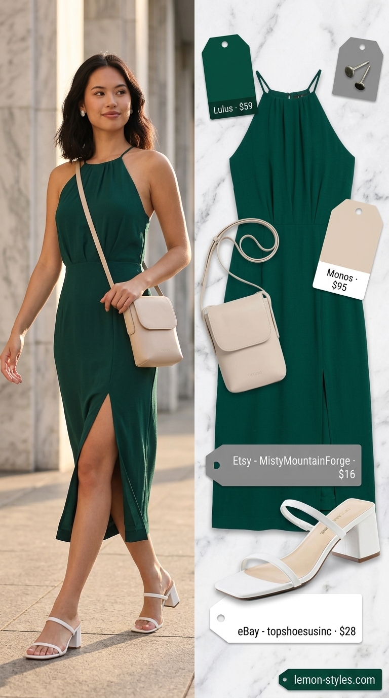 Minimal layer hot summer outfits for women 2026: Emerald green midi dress, white block heels, and crossbody bag for a modern brunch.