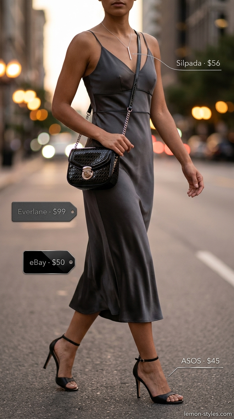 Minimal layer hot summer outfits for women 2026: Charcoal grey silk slip dress, black strappy heels, and silver necklace for date night.