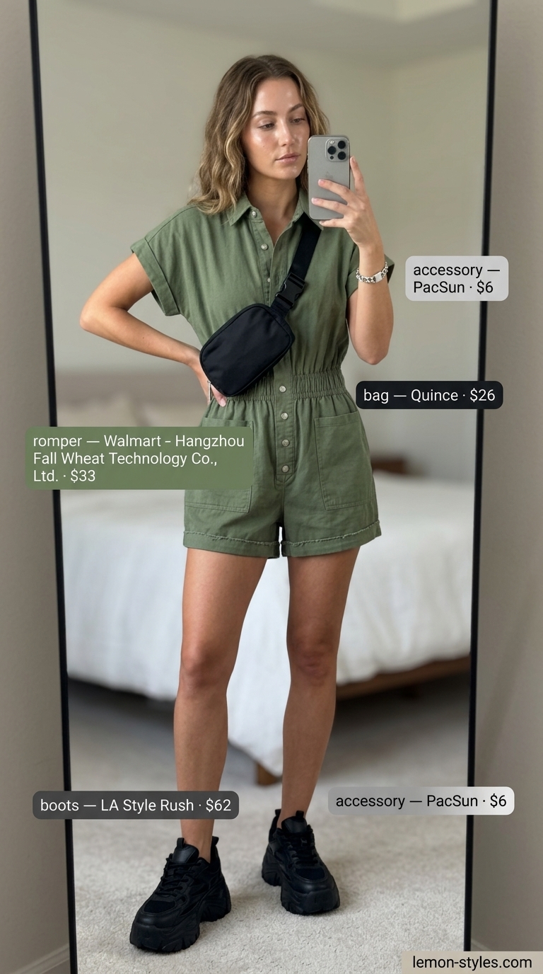 Minimal layer hot summer outfits for women 2026: Khaki utility romper, chunky sneakers, and belt bag for city exploration.