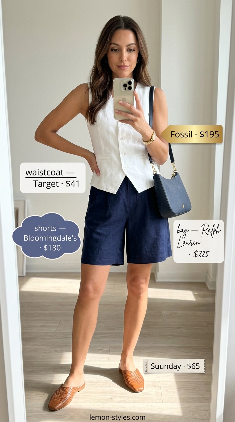 Minimal layer hot summer outfits for women 2026: Navy linen shorts, white vest top, and leather mules for business casual.