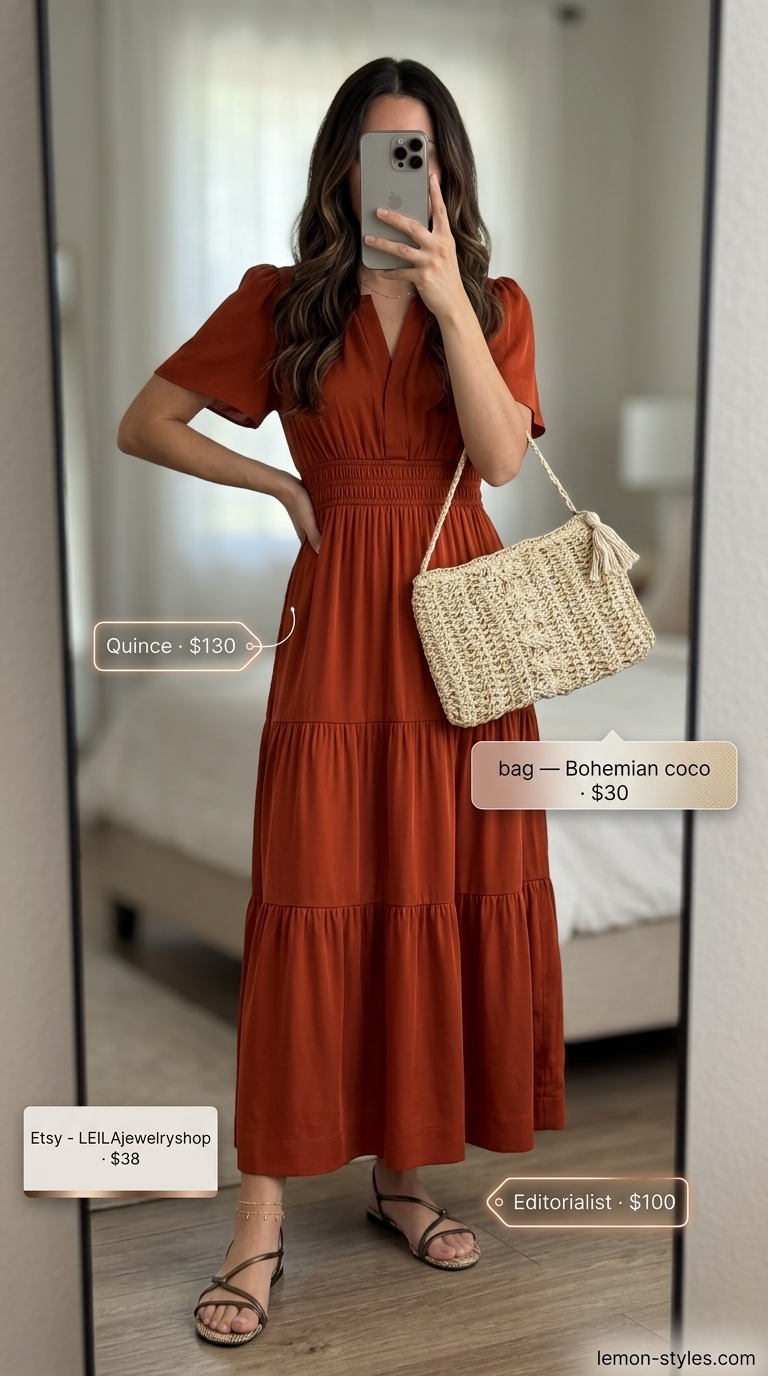 Minimal layer hot summer outfits for women 2026: Burnt orange maxi dress, bronze sandals, and woven clutch for a resort dinner.