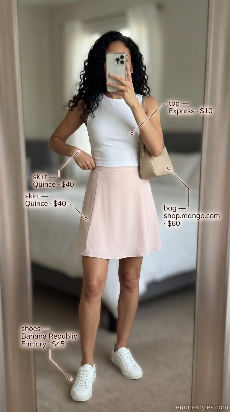 Minimal layer hot summer outfits for women 2026: Light pink A-line mini skirt, white tank top, and sneakers for a casual day.