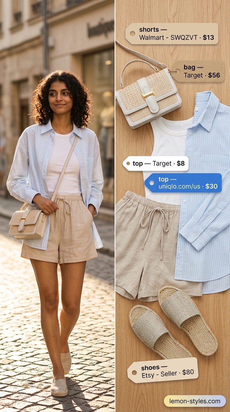 Minimal layer hot summer outfits for women 2026: Light blue shirt, white tank, beige shorts, and straw bag for coffee.