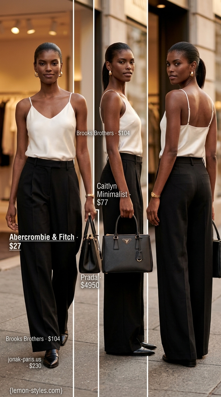 Minimal layer hot summer outfits for women 2026: Black trousers, ivory camisole, and loafers for office.