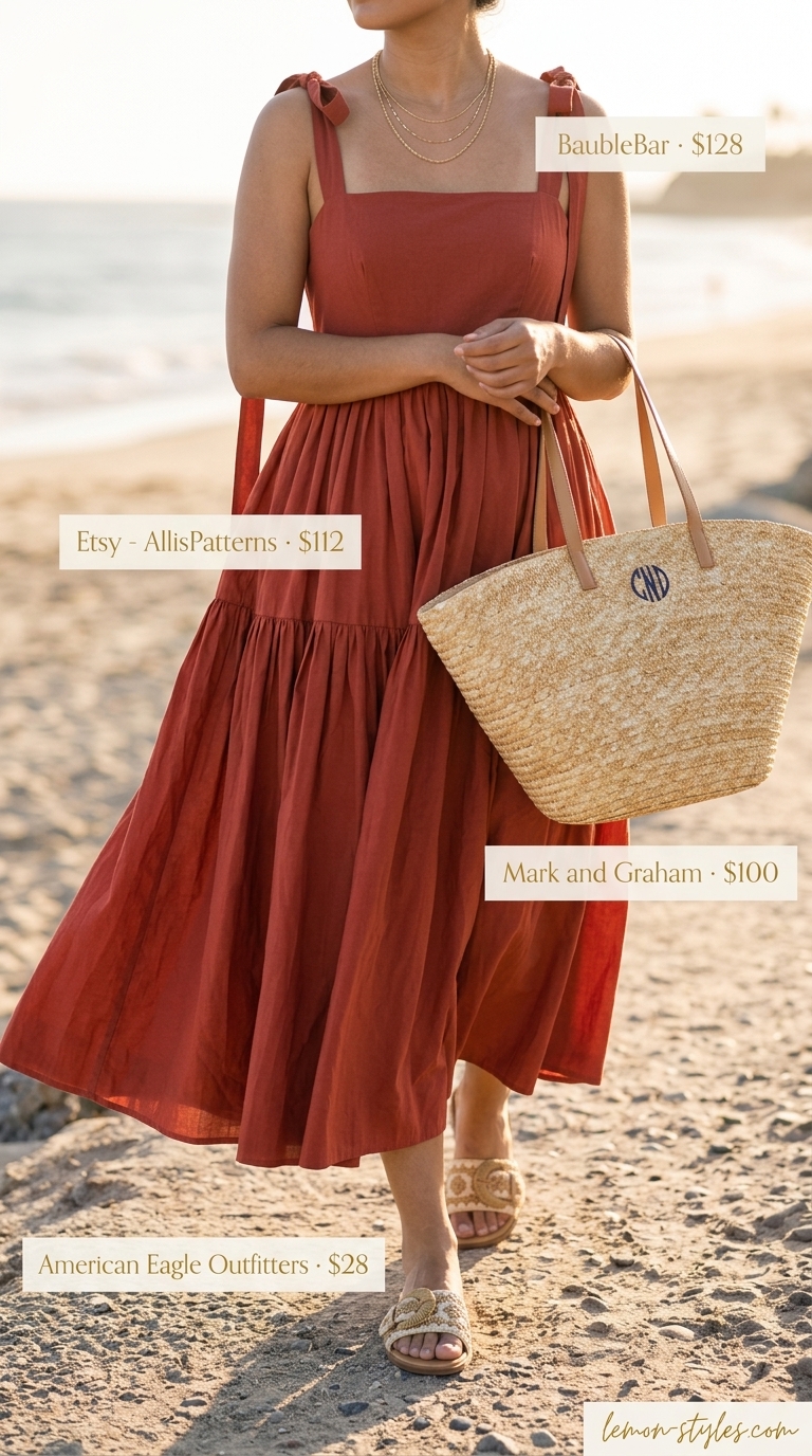 Minimal layer hot summer outfits for women 2026: Terracotta maxi dress, straw bag, raffia slides for beach dinner.