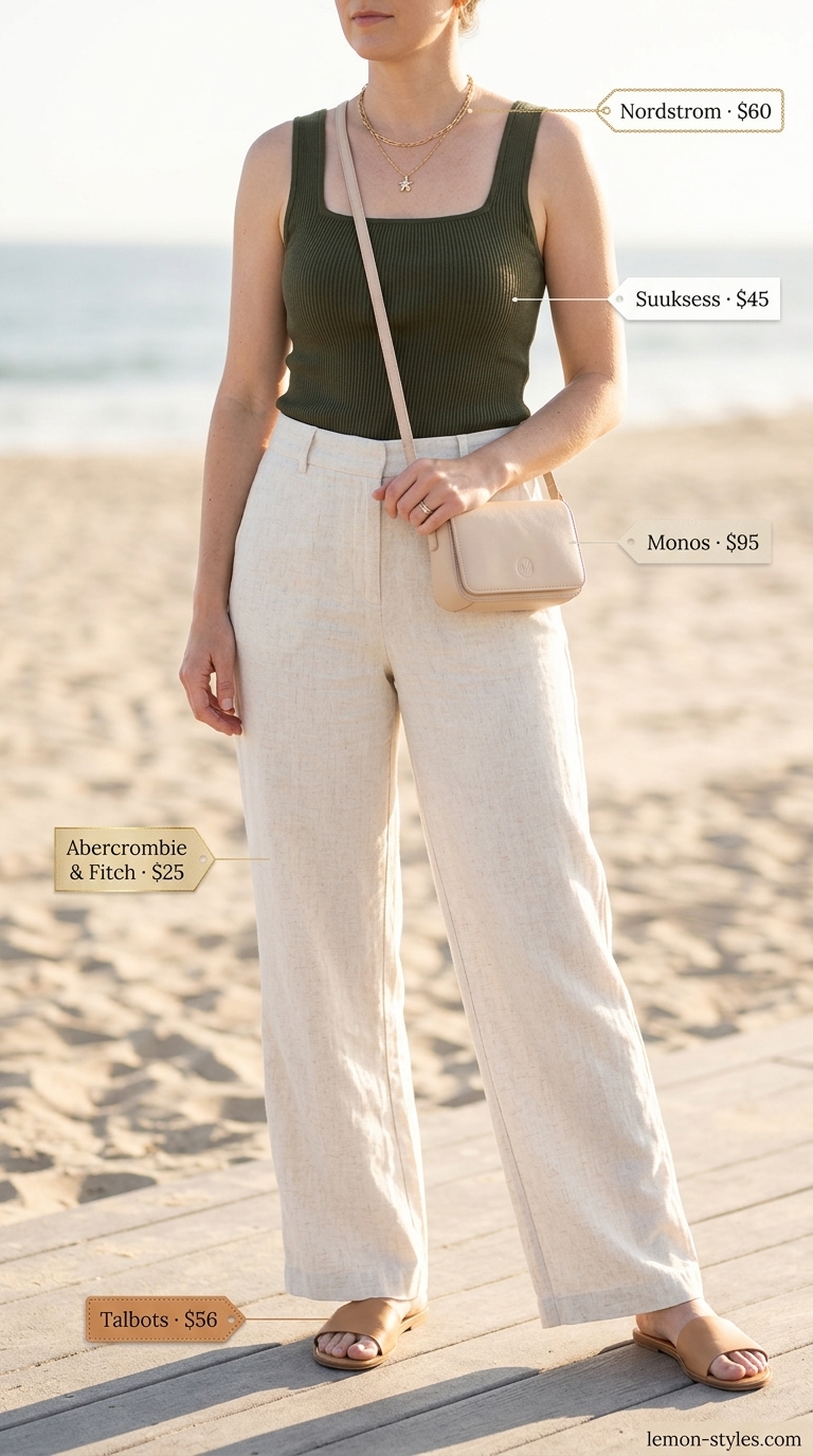 Minimal layer hot summer outfits for women 2026: Cream linen pants, olive green tank, and gold jewelry for coastal vibes.