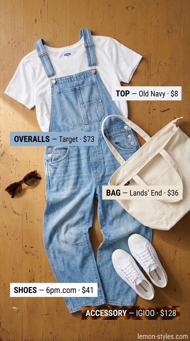 Minimal layer hot summer outfits for women 2026: Denim overalls, white tee, and canvas tote for farmer's market.