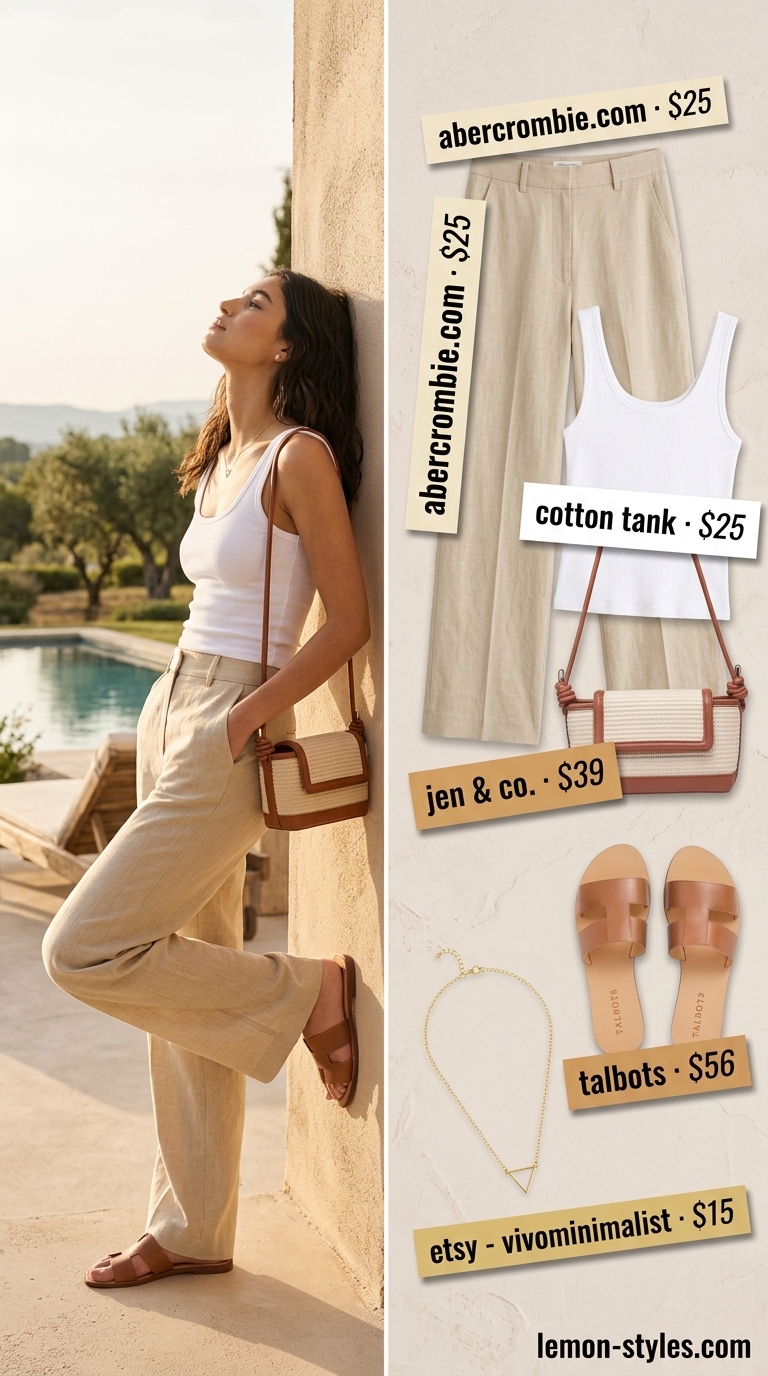 Minimal layer hot summer outfits for women 2026: Cream linen pants, white tank, straw bag for resort lunch.