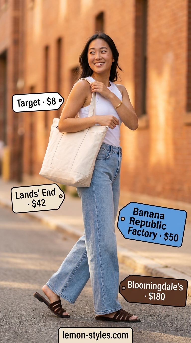 Minimal layer hot summer outfits for women 2026: Wide-leg jeans, white tank, brown slides for farmer's market.