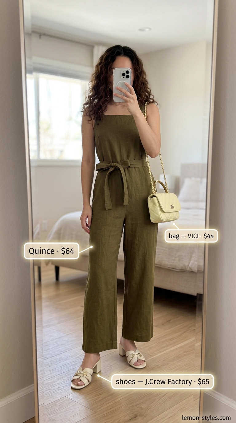 Minimal layer hot summer outfits for women 2026: Sage green jumpsuit, cream heels, gold earrings for gallery opening.