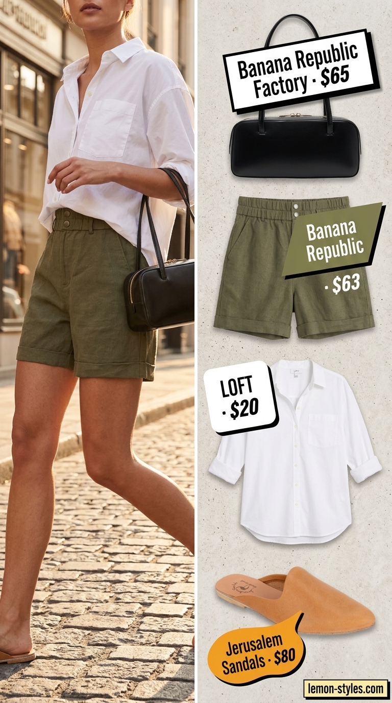 Minimal layer hot summer outfits for women 2026: Olive green shorts, white shirt, tan mules for a gallery opening.