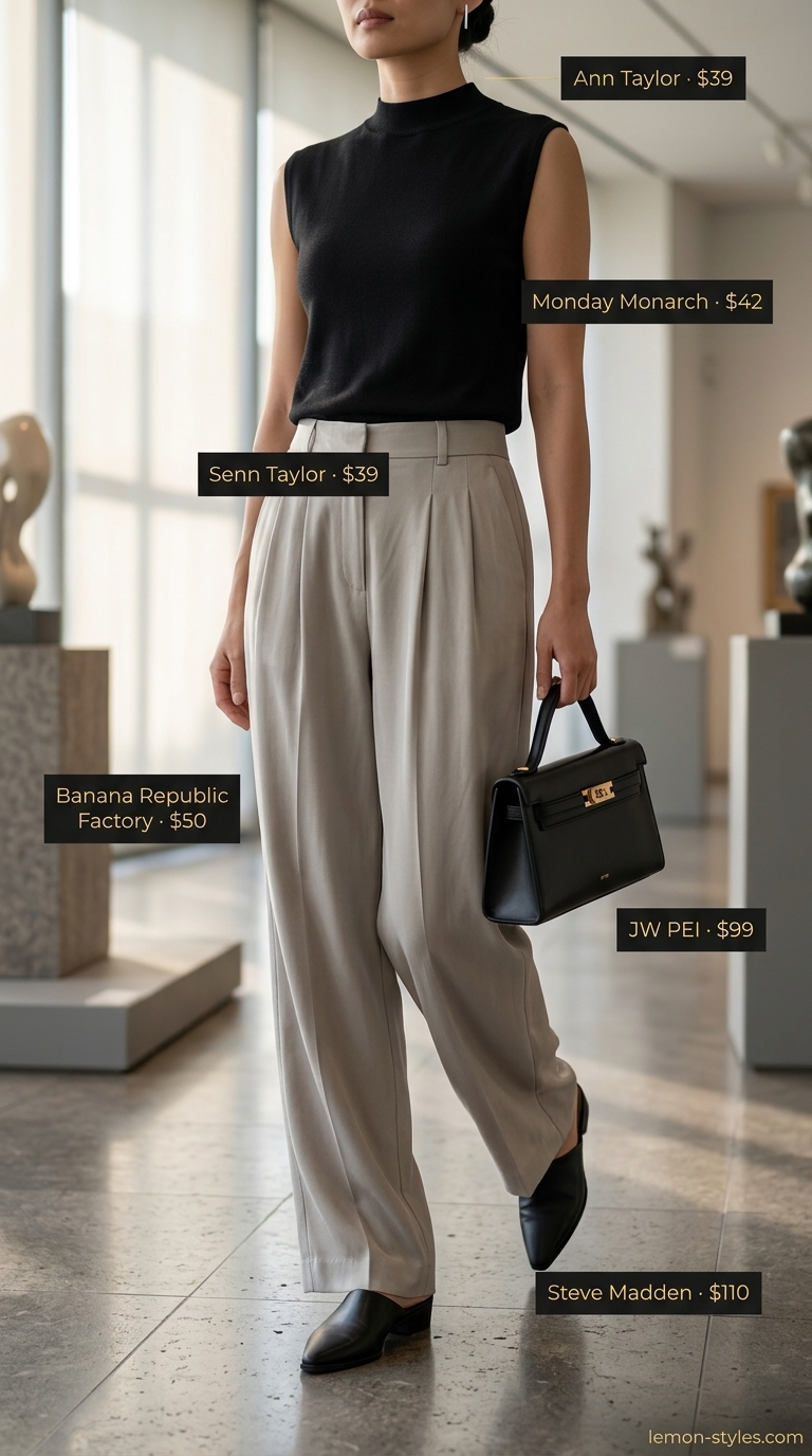 Minimal layer hot summer outfits for women 2026: Stone grey trousers, black knit top, and mules for city exploration.