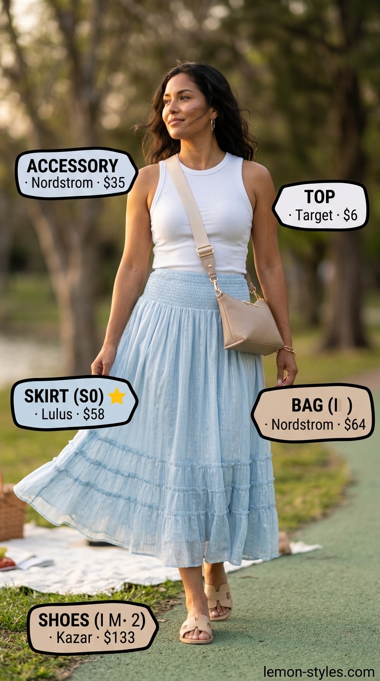 Minimal layer hot summer outfits for women 2026: Sky blue skirt, white tank, nude sandals for lakeside.