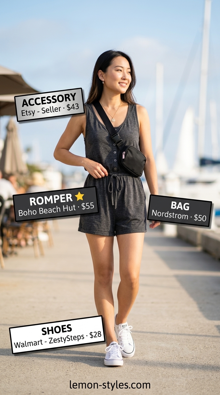 Minimal layer hot summer outfits for women 2026: Navy romper, white sneakers, belt bag for marina stroll.