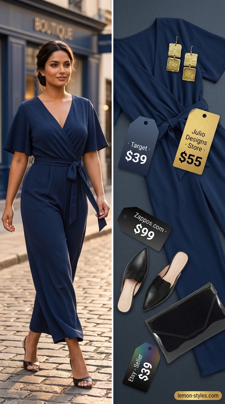 Minimal layer hot summer outfits for women 2026: Navy jumpsuit, black heels, and gold earrings for evening.