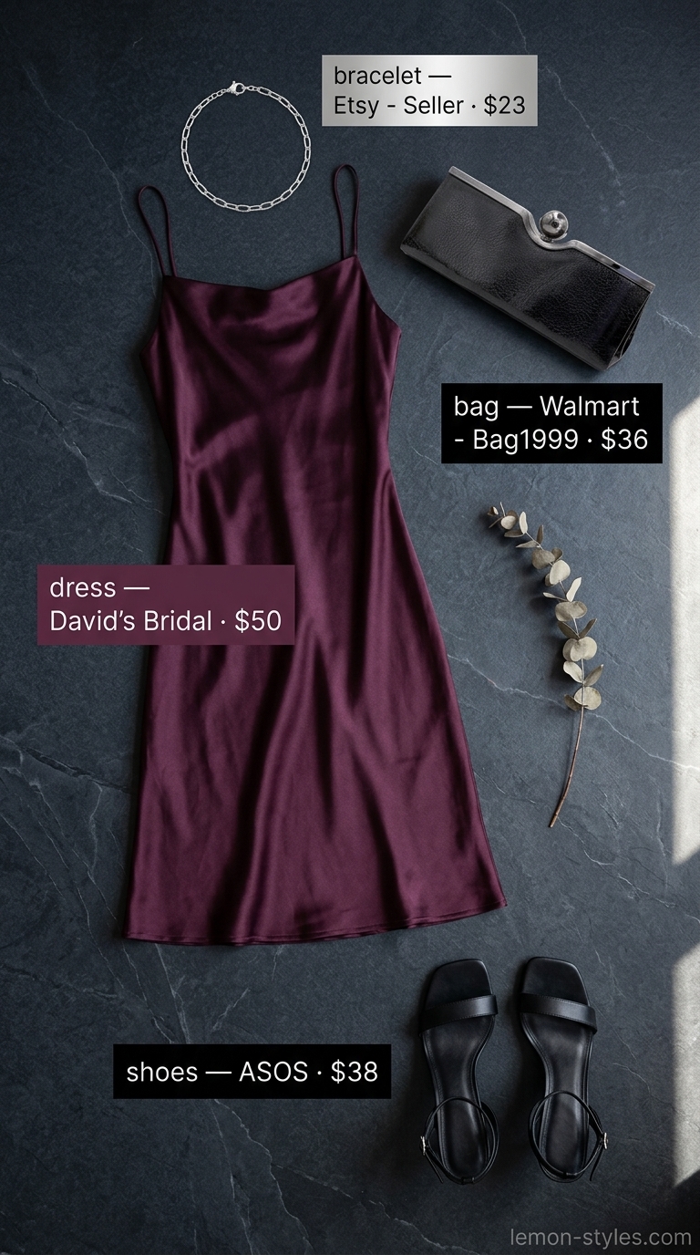 Minimal layer hot summer outfits for women 2026: Deep plum slip dress, black heels, and silver bracelet for date night.