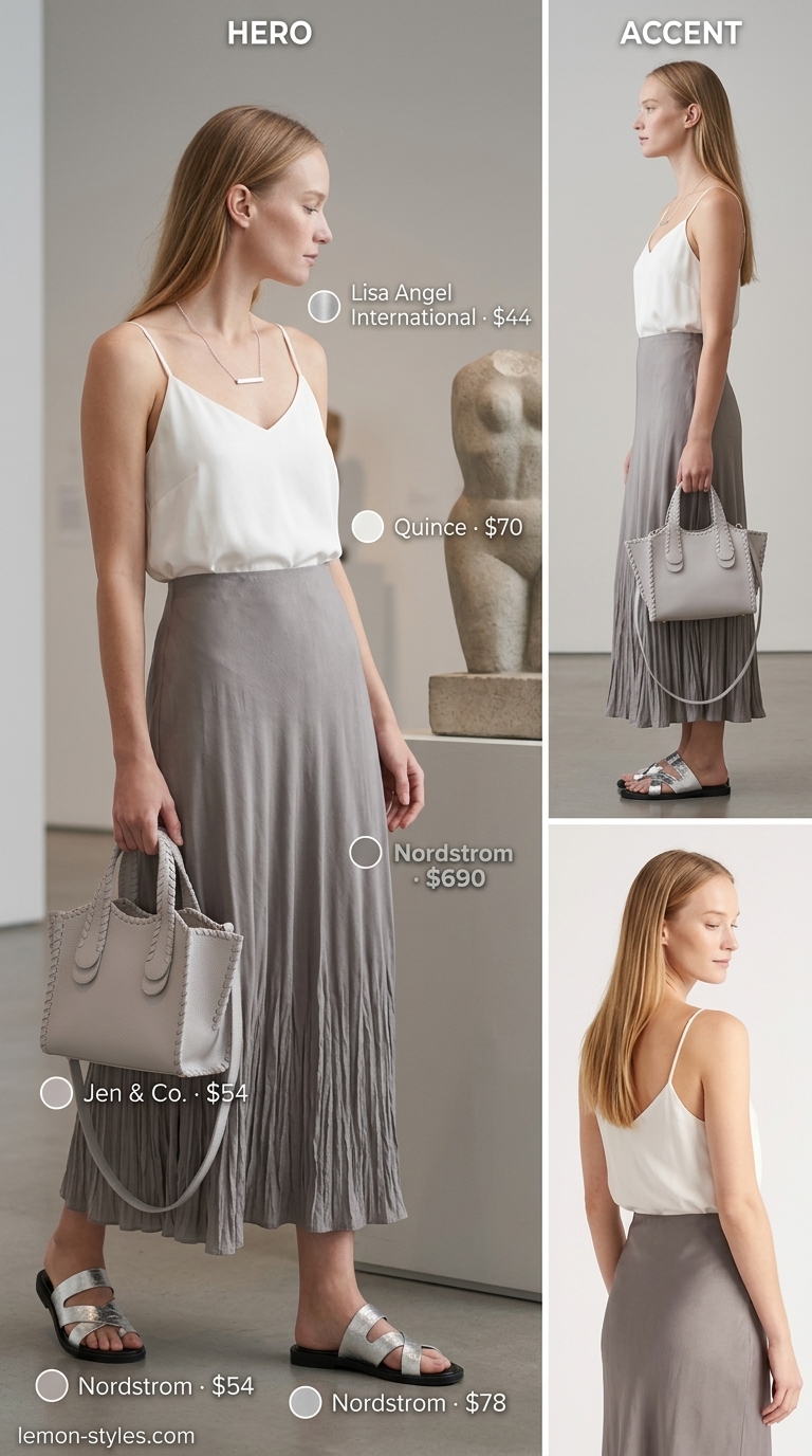 Minimal layer hot summer outfits for women 2026: Stone grey maxi skirt, white camisole, and silver sandals for a museum visit.