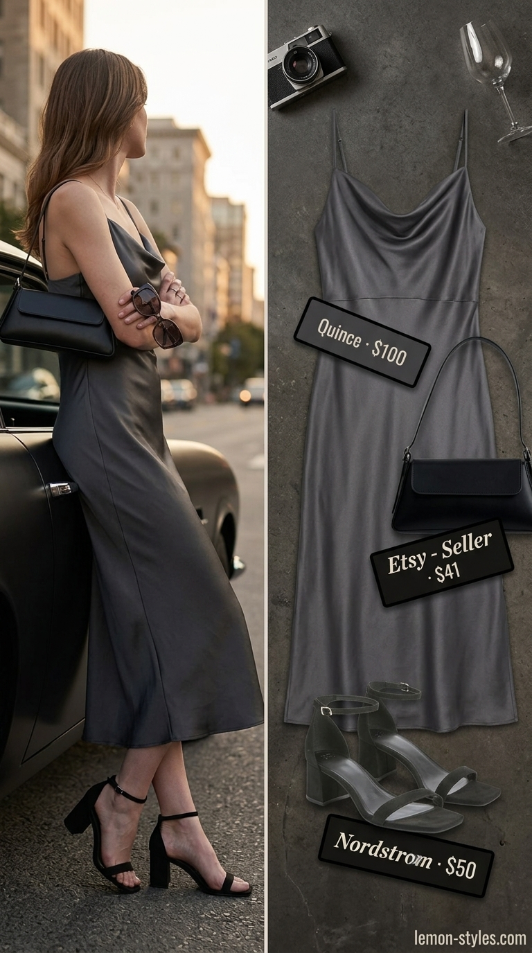 Minimal layer hot summer outfits for women 2026: Grey slip dress, black sandals, silver earrings for evening.