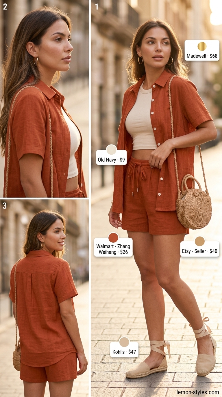 Minimal layer hot summer outfits for women 2026: Terracotta set, cream tank, and espadrilles for city stroll.