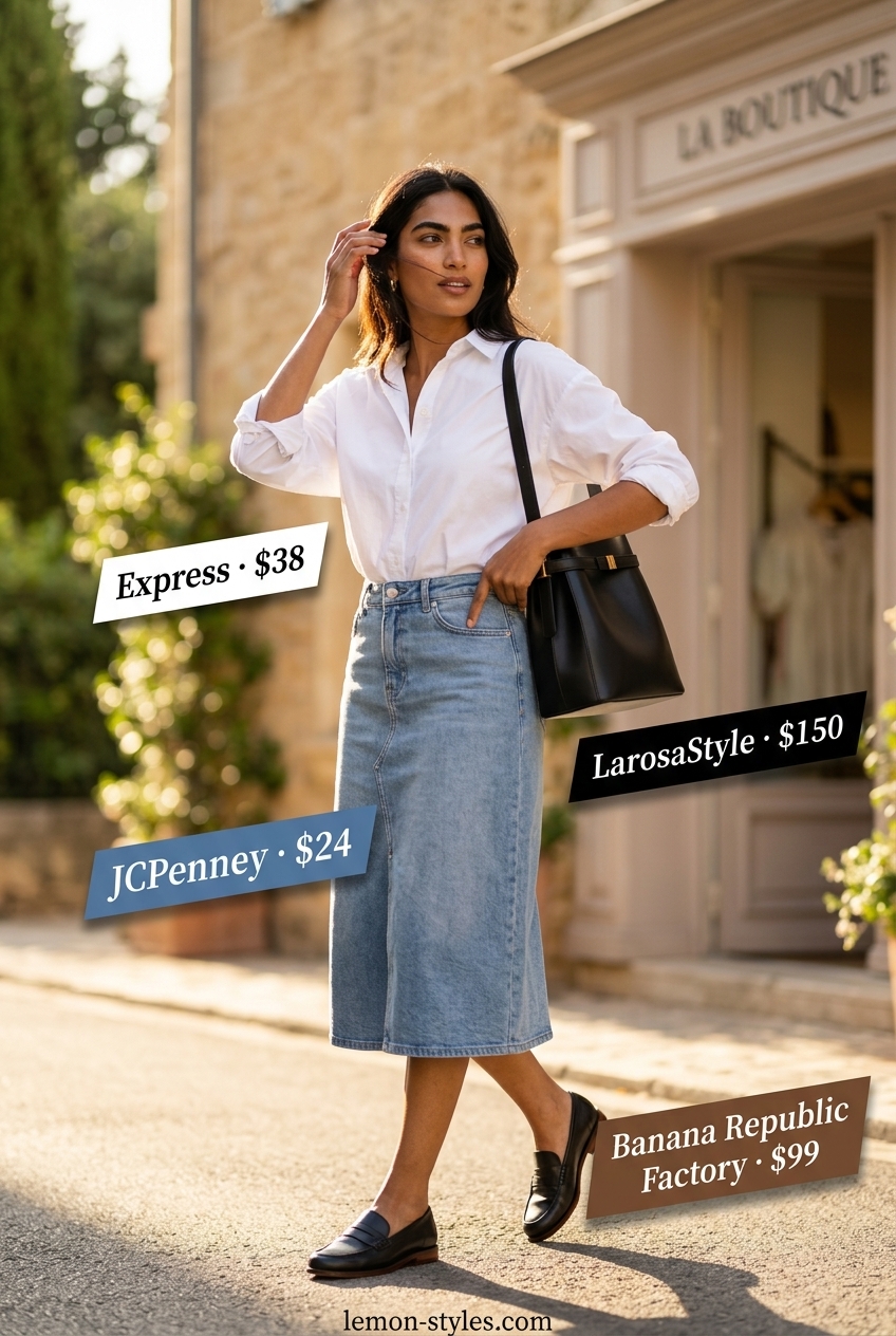 Modern Minimalist Outfit 2026 Modern minimalist outfit 2026 with denim skirt, oversized shirt, loafers, and leather tote.