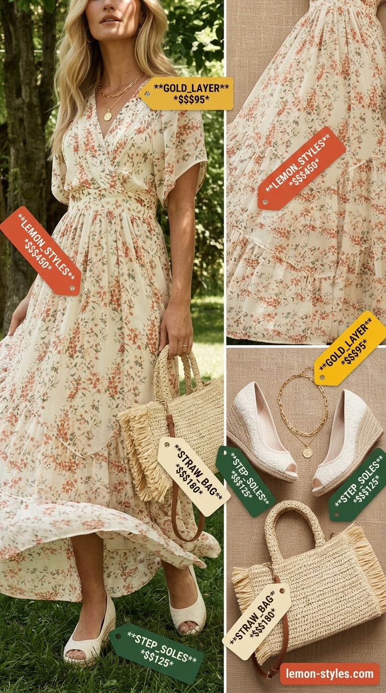 Modest summer maxi outfits for women 2026: Terracotta floral dress, raffia bag, espadrilles, and layered gold necklaces.