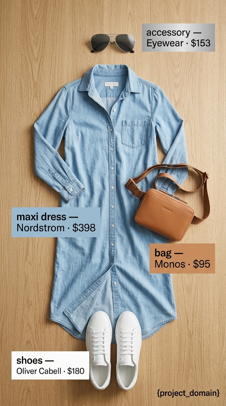 Modest summer maxi outfits for women 2026: Light denim shirt dress, tan belt bag, white sneakers, and aviator sunglasses.