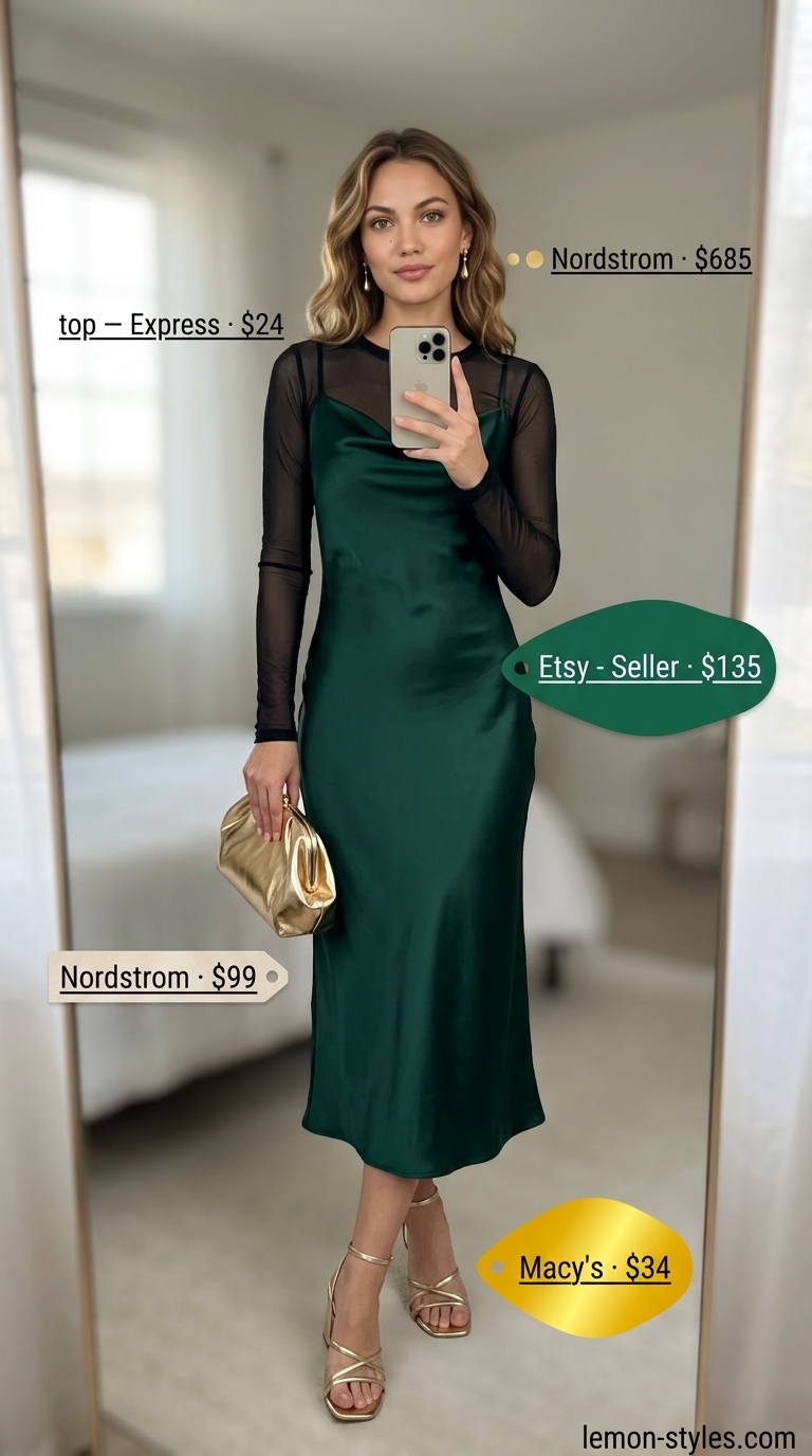 Modest summer maxi outfits for women 2026: Emerald green satin dress with mesh top, gold clutch, and block heels.