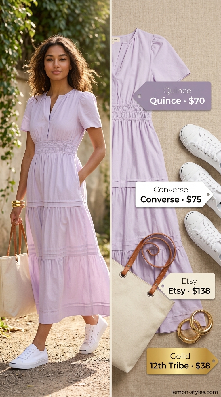 Modest summer maxi outfits for women 2026: Lavender tiered cotton dress, canvas tote, and white sneakers for farmers market.