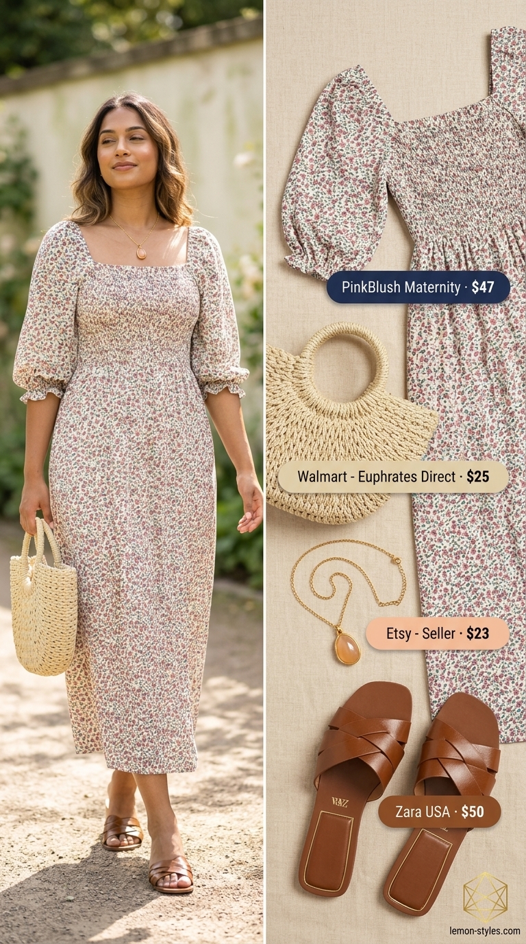 Modest summer maxi outfit for women 2026: Cream floral dress, straw bag, gold necklace, and tan sandals for a garden party.
