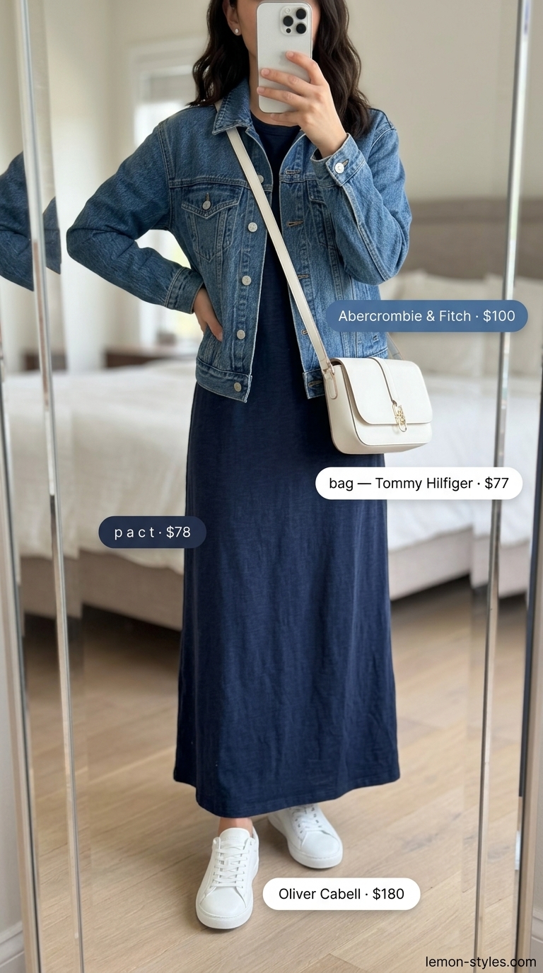 Modest summer maxi outfits for women 2026: Navy t-shirt dress, denim jacket, white crossbody bag, and white sneakers.