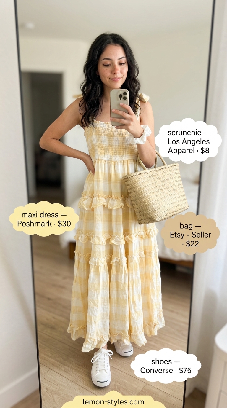 Modest summer maxi outfits for women 2026: Yellow gingham dress, straw basket, white sneakers, and scrunchie for picnic.
