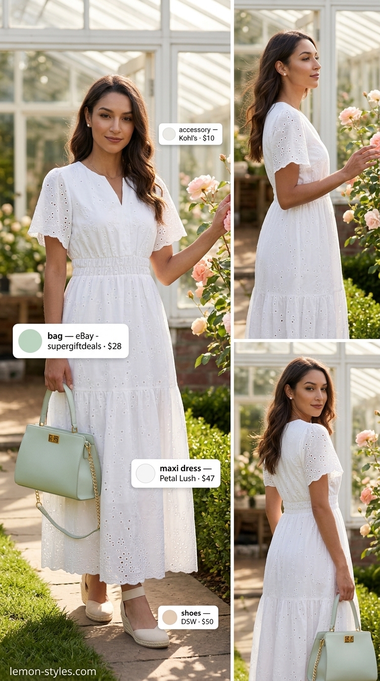 Modest summer maxi outfits for women 2026: White eyelet dress, pastel green bag, pearl earrings, and nude espadrilles.