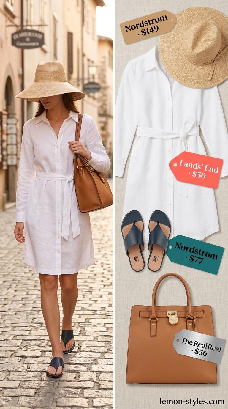 Modest summer maxi outfits for women 2026: White linen shirt dress, navy slides, straw hat, and silver bracelet.