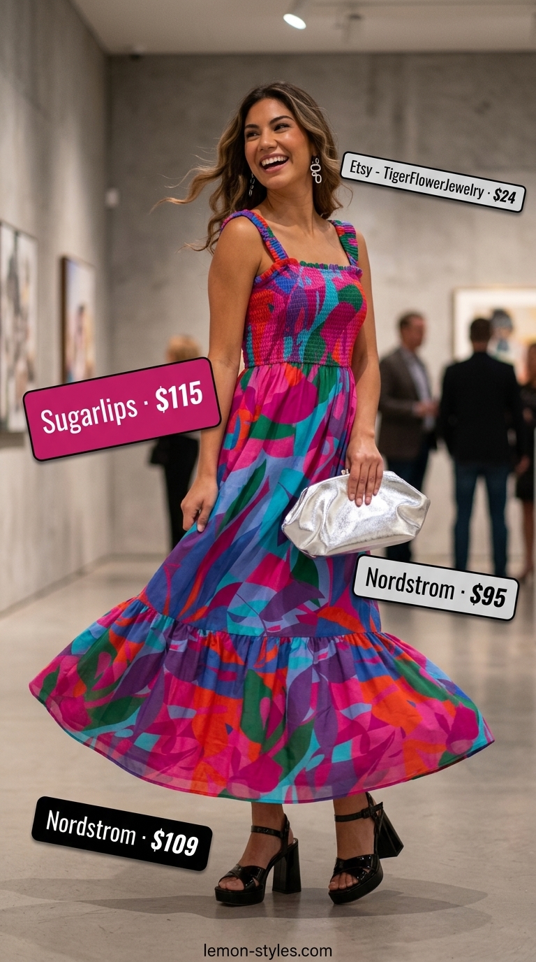 Modest summer maxi outfit for women 2026: Teal fuchsia abstract print maxi dress for modern art gallery.