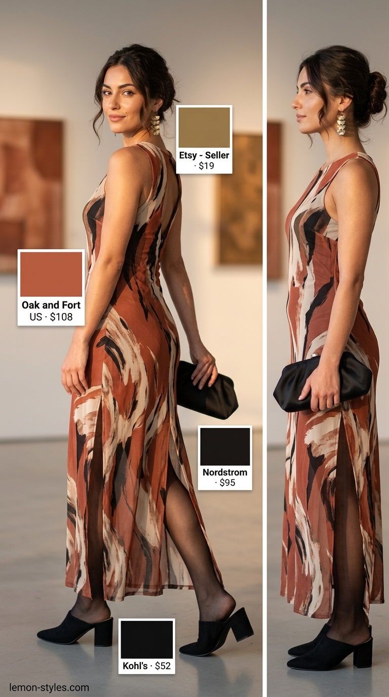 Modest summer maxi outfits for women 2026: Abstract print maxi dress, black block heels, bronze earrings for gallery opening.