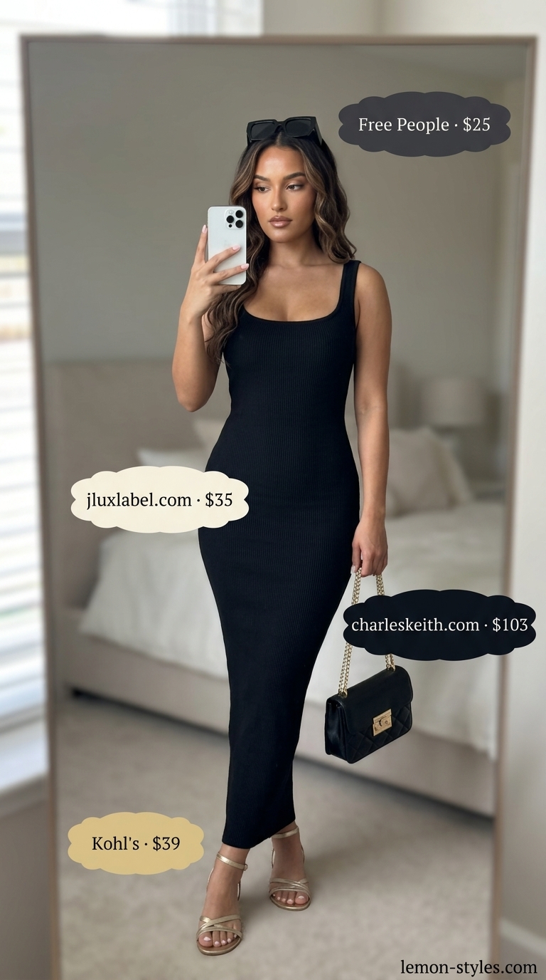 Modest summer maxi outfit for women 2026: Black sleeveless maxi dress with metallic sandals for weekend glam.